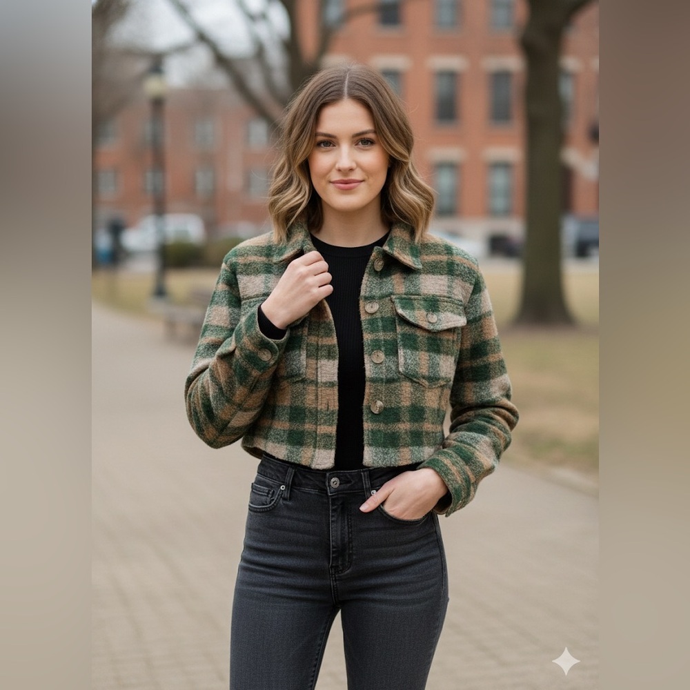 House of Harlow 1960 Plaid Cropped Shacket Jacket, Green/Tan, Size XS